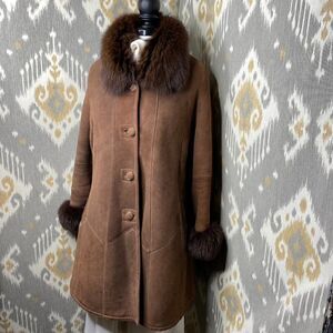 Ralph Lauren Vintage Chocolate Brown Fur Trimmed Lamb Shearling Swing Coat